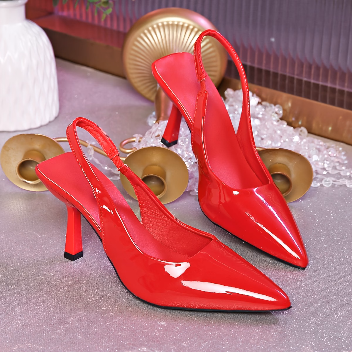 Women's Minimalist Pointed-Toe High-Heel Sandals, Patent Leather Thin Heel Peep-Toe Shoes, Elegant Footwear for Work and Dates, Leg-Lengthening Design, Available in Black, White and Red