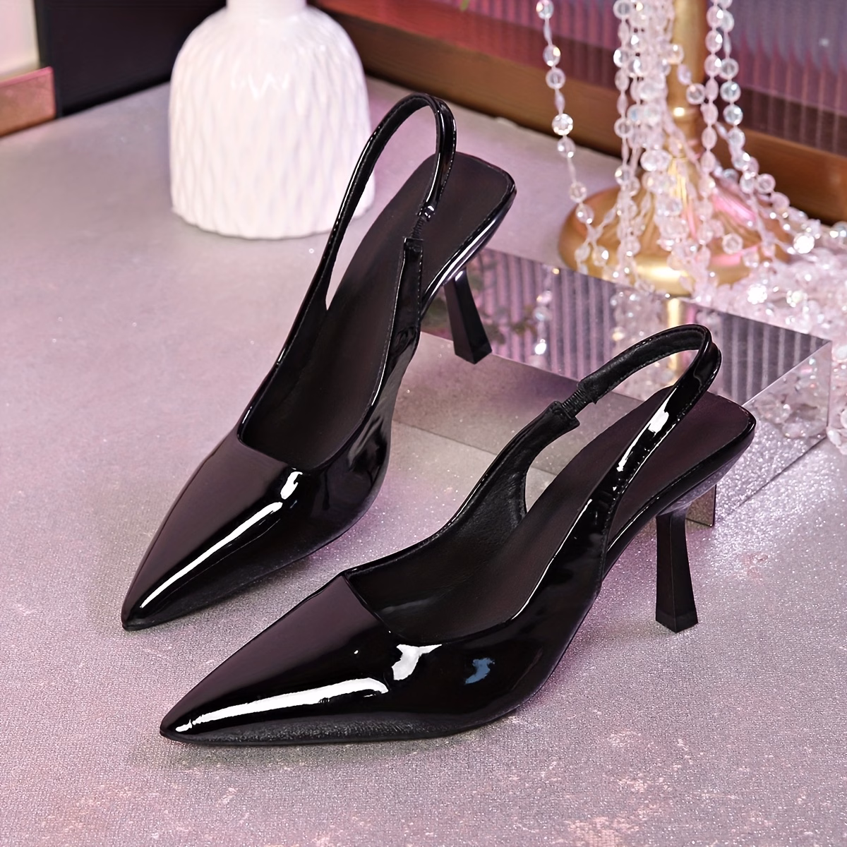 Women's Minimalist Pointed-Toe High-Heel Sandals, Patent Leather Thin Heel Peep-Toe Shoes, Elegant Footwear for Work and Dates, Leg-Lengthening Design, Available in Black, White and Red