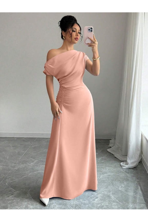 Women's Minimalist Print Asymmetrical Shoulder & Waist Ruched Maxi Dress