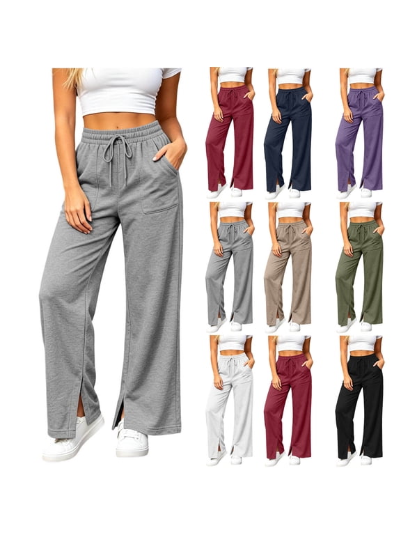 Women's Minimalist Solid Tone Split Hem Straight Knit Sweat Bottoms, Stretch Drawstring High Waist Pocketed Casual Pants Easy Care for All Daily Casual Scenarios
