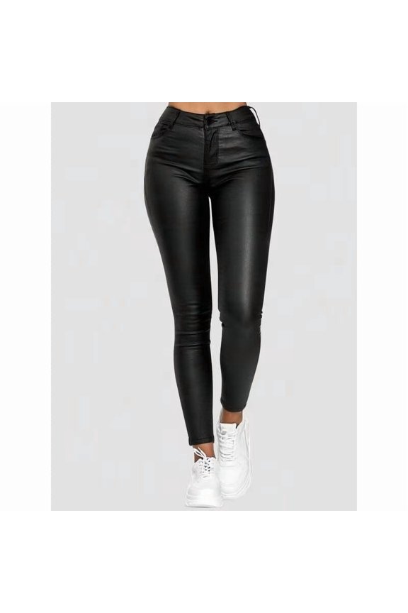 Women's Minimalist Street Plain High Waist Skinny Pants, Casual Solid Pocket High Rise PU Leather Trousers for Fall & Winter, Fashion Women's Bottoms for Daily Wear