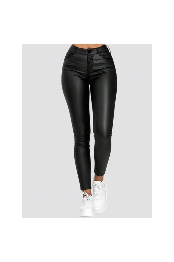 Women's Minimalist Street Plain High Waist Skinny Pants, Casual Solid Pocket High Rise PU Leather Trousers for Fall & Winter, Fashion Women's Bottoms for Daily Wear