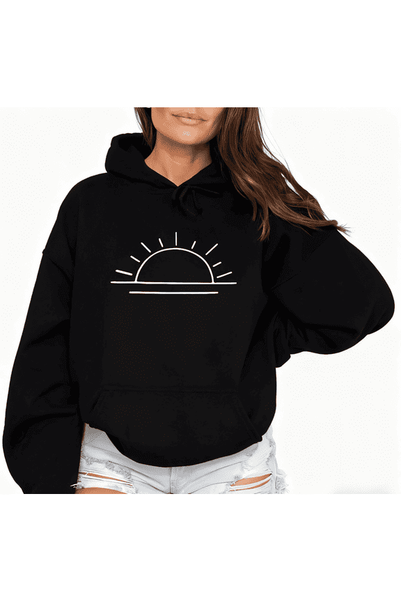 Women's Minimalist Sunset Graphic Hoodie Casual Top Simple Stylish Hooded long-sleeved Black S-2XL
