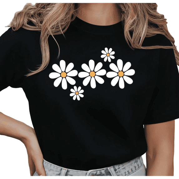 Women's Minimalist White Daisy Flower Graphic Tee Comfortable Boho Aesthetic Short Sleeve Round Neck Top Black S-5XL