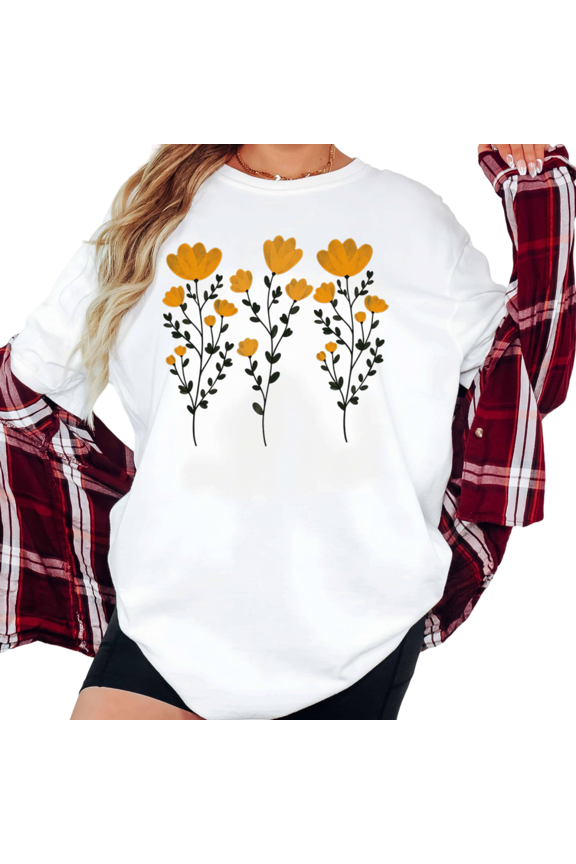 Women's Minimalist Yellow Wildflower With Green Stems Botanical Floral Art Graphic T Shirt Short Sleeve Round Neck Top White S-5XL