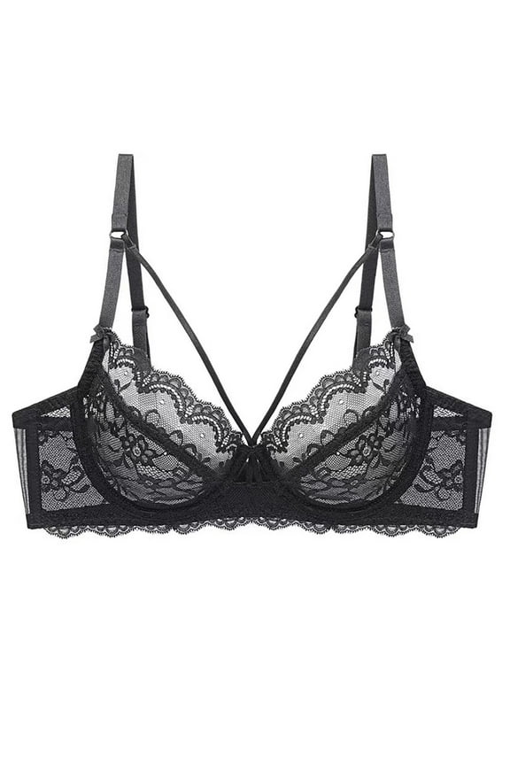 Women's Minimizer Bra Full Coverage Sheer Lace Bra Underwire Unlined Bra(Black,32C)