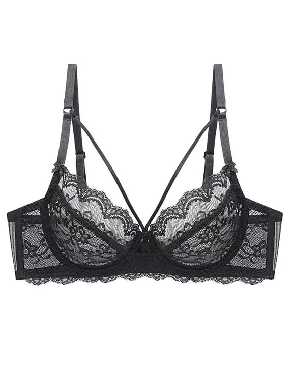 Women's Minimizer Bra Full Coverage Sheer Lace Bra Underwire Unlined Bra(Black,36F)