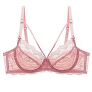 Women's Minimizer Bra Full Coverage Sheer Lace Bra Underwire Unlined Bra(Pink,32C)