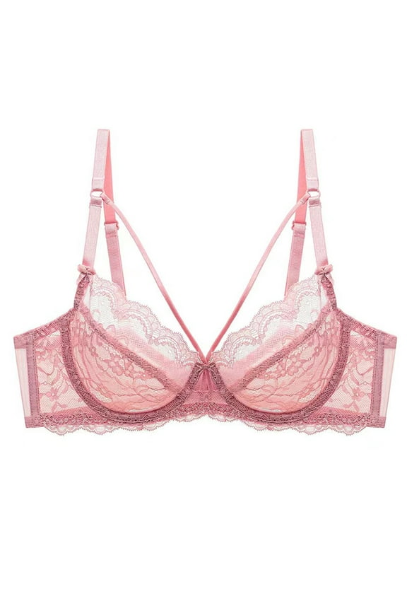 Women's Minimizer Bra Full Coverage Sheer Lace Bra Underwire Unlined Bra(Pink,32C)