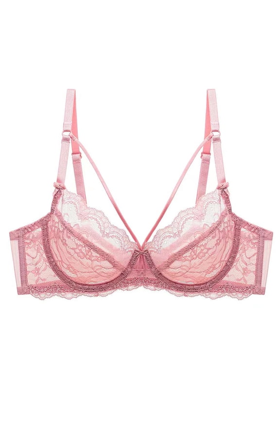 Women's Minimizer Bra Full Coverage Sheer Lace Bra Underwire Unlined Bra(Pink,34E)