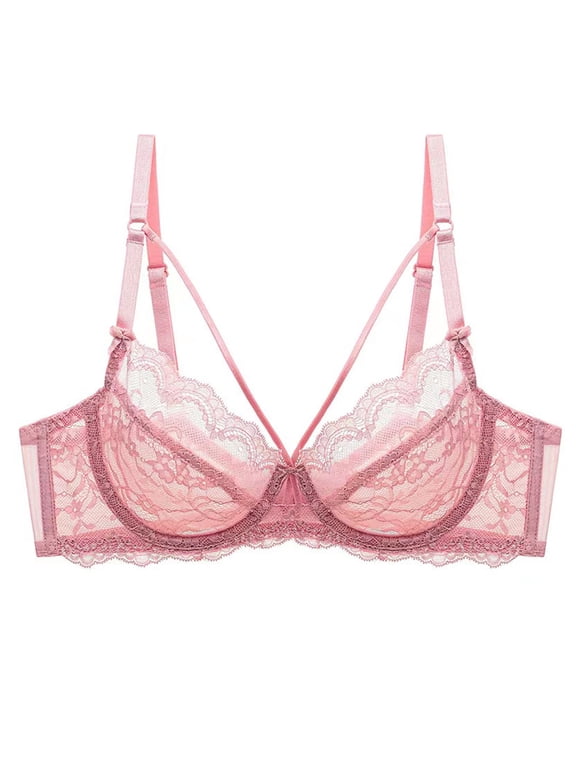 Women's Minimizer Bra Full Coverage Sheer Lace Bra Underwire Unlined Bra(Pink,34F)
