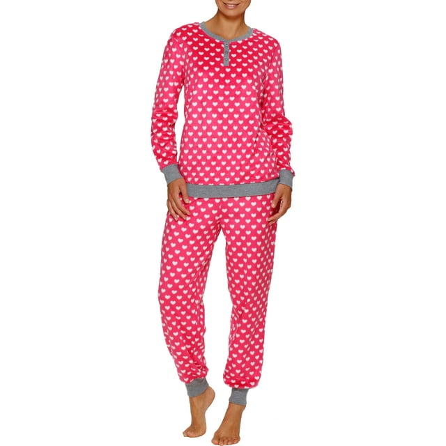 Women's Minky Fleece Long Sleeve Top and Ribbed Cuff Sleep Pant 2 Piece Giftable Pajama Set (Sizes S-3X)