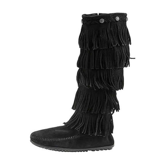 Minnetonka Women's 5-Layer Fringe Boot,Black,6 M US
