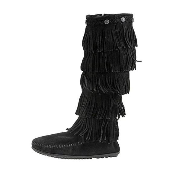 Minnetonka Women's 5-Layer Fringe Boot,Black,7 M US