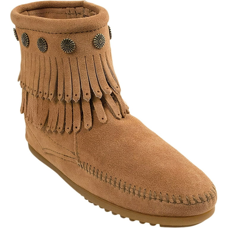 Women s Minnetonka Double Fringe Side Zip Boot Taupe Suede 7.5 M Walmart