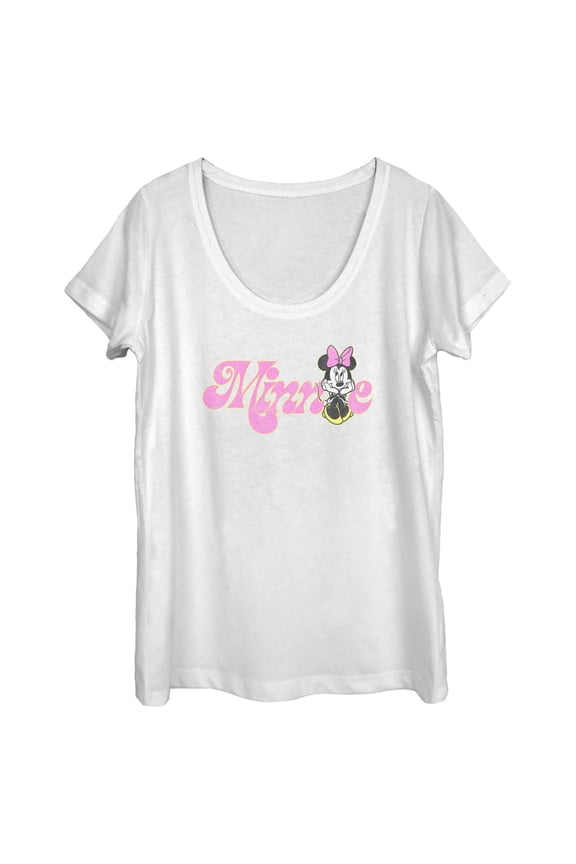 Women's Minnie Mouse Distressed Retro Logo Scoop Neck White Large