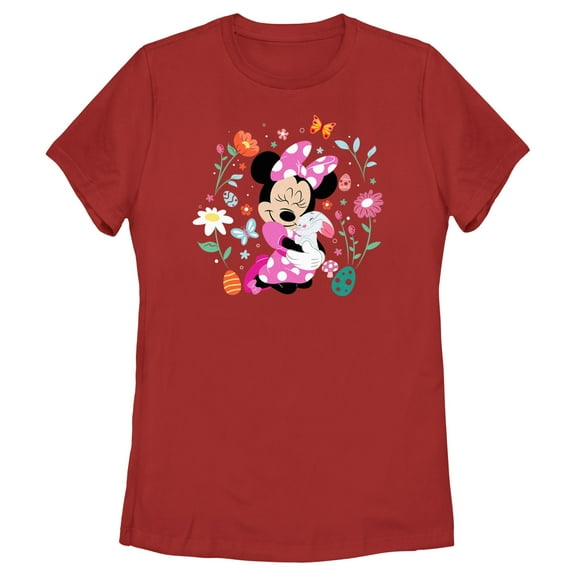Women's Minnie Mouse Easter Bunny Hug  Graphic Tee Red Medium