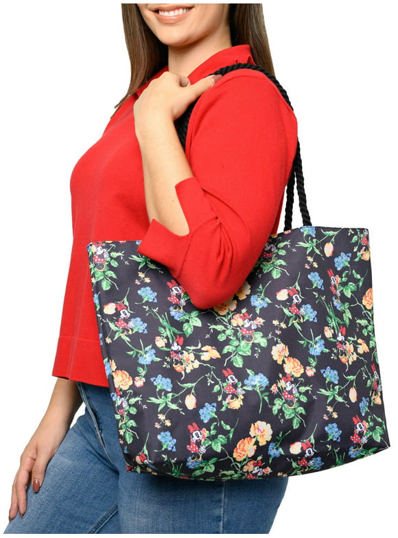 Women's Minnie Mouse Tote Bag Floral Travel Tote Women's Rope Handle Black