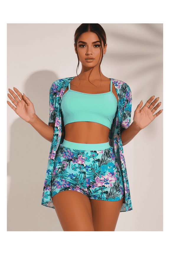 Mint Green and Blue Purple Floral Print Crop Top with Bikini Shorts, Women's 3 Piece Swim Set with Short Sleeve Cover Up Kimono