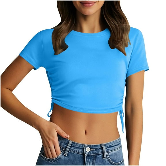 Women's Mint Green Short Sleeve T-Shirt, Round Neck Casual Top with Drawstring Detail for Summer Everyday Wear