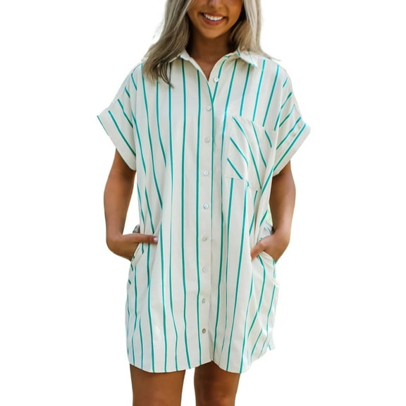 Women's Mint Green St. Patrick's Striped Wide Short Sleeve Shift Mini Shirt Dress - [ZhiHiMeRi] | (US 12-14)L