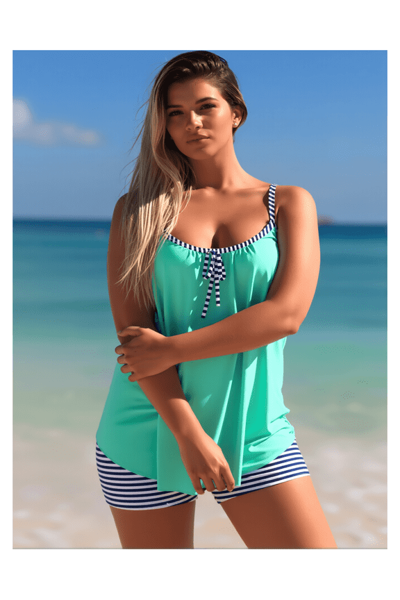 Women's Mint Green Tankini Swimsuit, Navy Blue and White Striped Trim Two-Piece with Boyshorts, Sizes S-XL