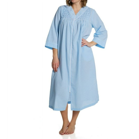Women's Miss Elaine 867613X Plus Size Seersucker 3/4 Sleeve Long Zip Robe (Blue/White Check 2X)