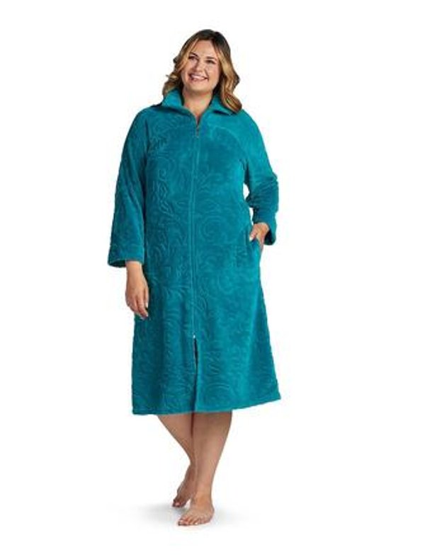 Women's Miss Elaine Essentials Sculptured Fleece Zipper Robe Teal Plus Size 3X