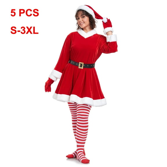 Women's Miss Santa Costume Mrs. Claus Outfit Dress+ Belt+Hat+Gloves+Socks Set 5Pcs Christmas Party Cosplay Costume -S