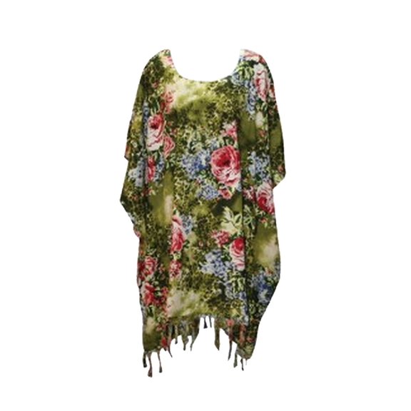 Women's Missy and Plus Size Fringe Pullover Swimsuit Cover-Up, Green Floral, One Size