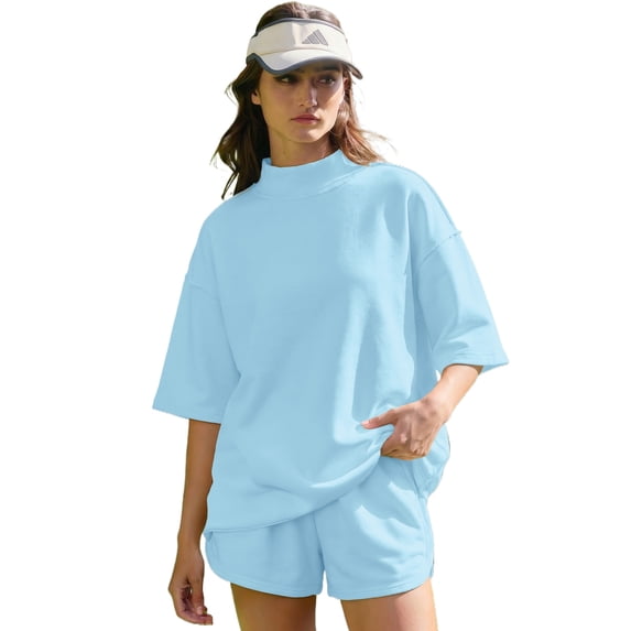 TinyCribz Women's Mist Blue 2-Piece Outfit – Oversized Mock Neck Tee and Casual Shorts Set XL
