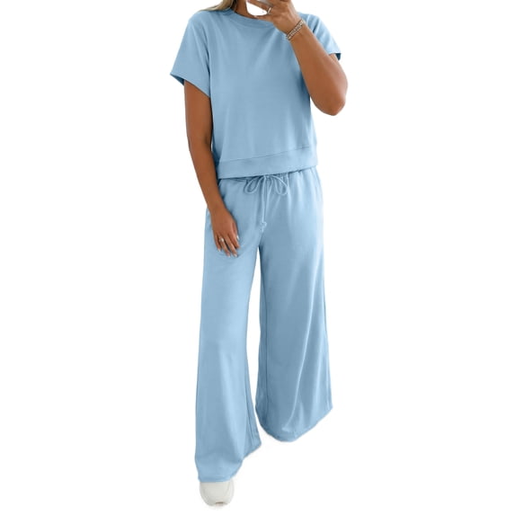 Women's Mist Blue Casual Tee & Wide Leg Pants Set – Effortless Summer Style, XL