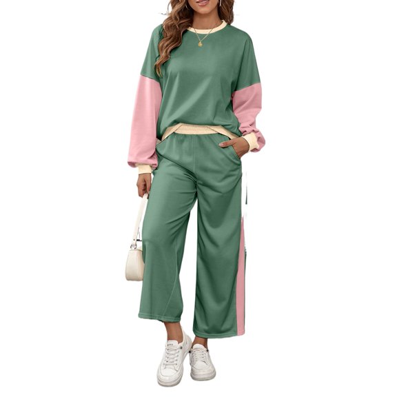 Women's Mist Green 2-Piece Color Block Pullover and Loose Pant Set | [ZhiHiMeRi] | S