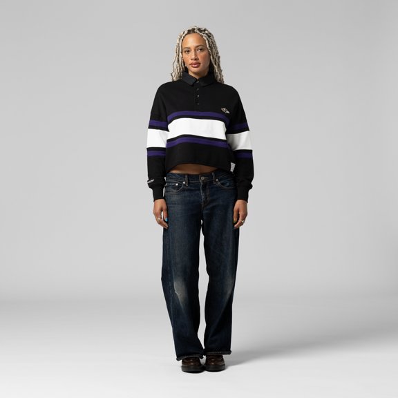 Women's Mitchell & Ness  Black Baltimore Ravens  Cropped Long Sleeve Rugby Polo