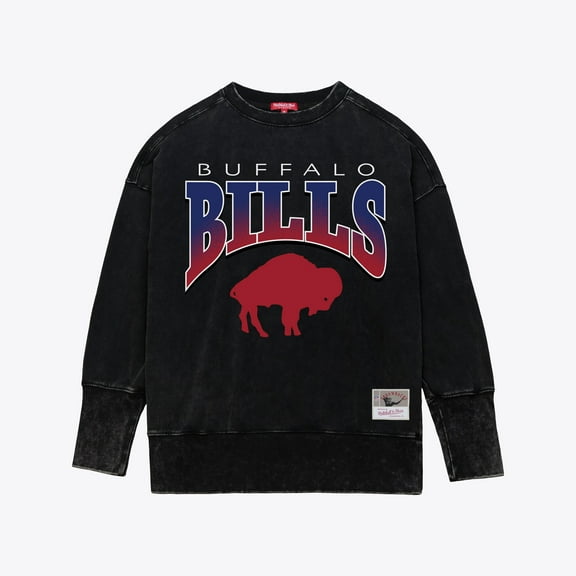 Women's Mitchell & Ness Black Buffalo Bills Delineate Mineral Wash Crewneck Sweatshirt
