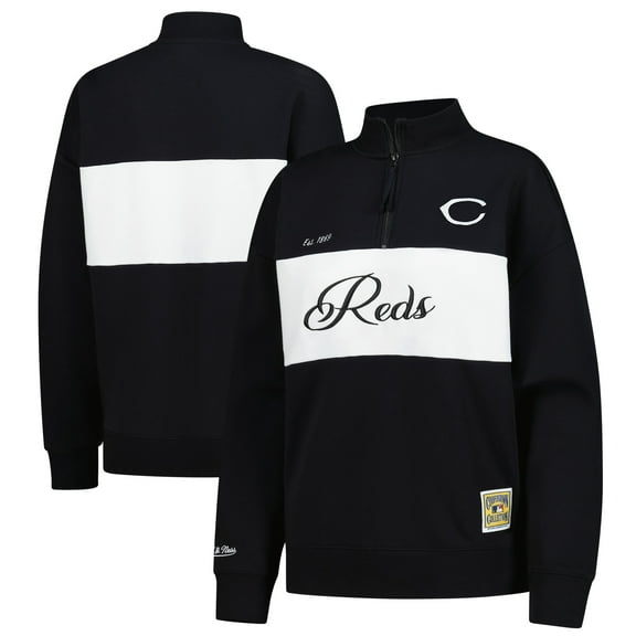 Women's-Mitchell & Ness Black Cincinnati Reds Cooperstown Collection Quarter-Zip Pullover Top