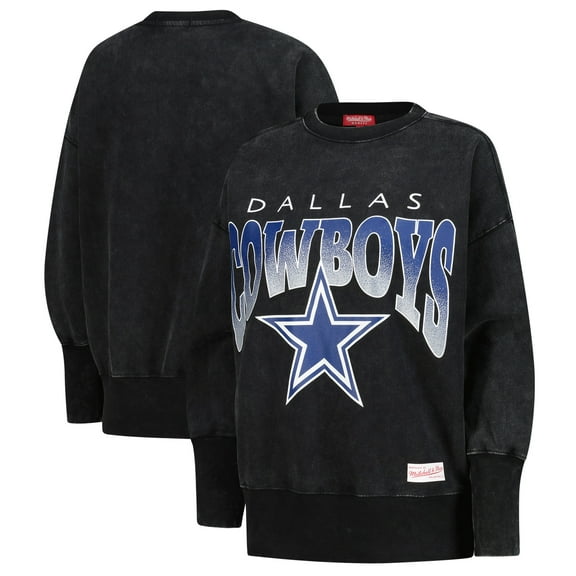 Women's Mitchell & Ness  Black Dallas Cowboys Delineate Mineral Wash Crewneck Sweatshirt
