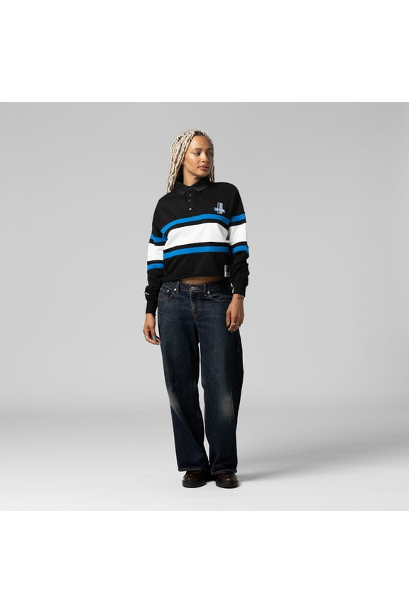 Women's Mitchell & Ness  Black Detroit Lions  Cropped Long Sleeve Rugby Polo
