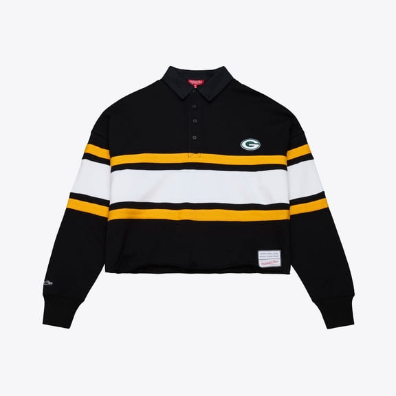 Women's Mitchell & Ness Black Green Bay Packers Cropped Long Sleeve Rugby Polo