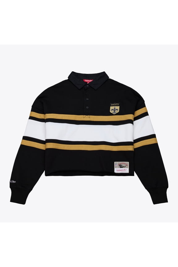 Women's Mitchell & Ness  Black New Orleans Saints  Cropped Long Sleeve Rugby Polo