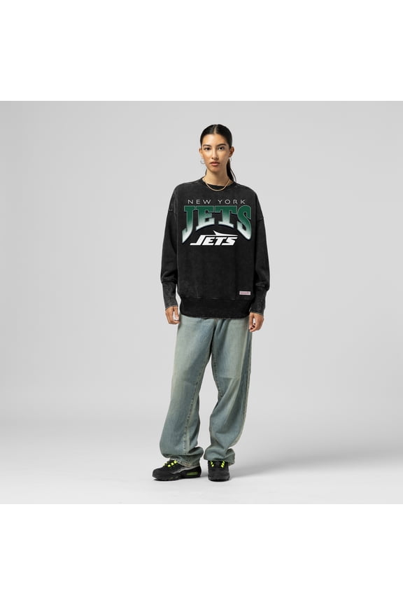 Women's Mitchell & Ness Black New York Jets Delineate Mineral Wash Crewneck Sweatshirt
