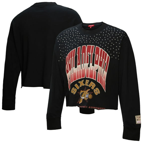 Women's Mitchell & Ness Black Philadelphia 76ers Hardwood Classics Studded Boxy Cropped Long Sleeve T-Shirt