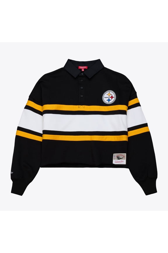 Women's Mitchell & Ness  Black Pittsburgh Steelers  Cropped Long Sleeve Rugby Polo