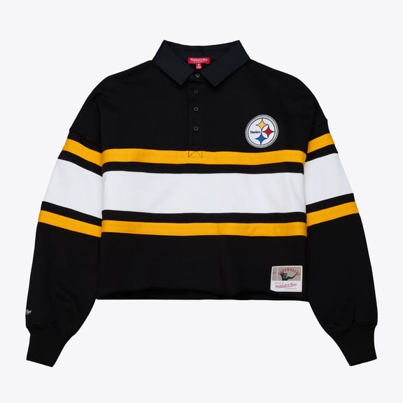 Women's Mitchell & Ness Black Pittsburgh Steelers Cropped Long Sleeve Rugby Polo