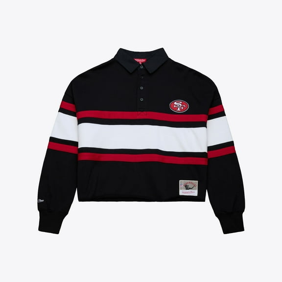 Women's Mitchell & Ness Black San Francisco 49ers Cropped Long Sleeve Rugby Polo