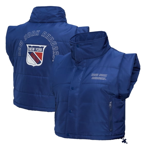 Women's-Mitchell & Ness Blue New York Rangers Cropped Full-Zip Puffer Vest