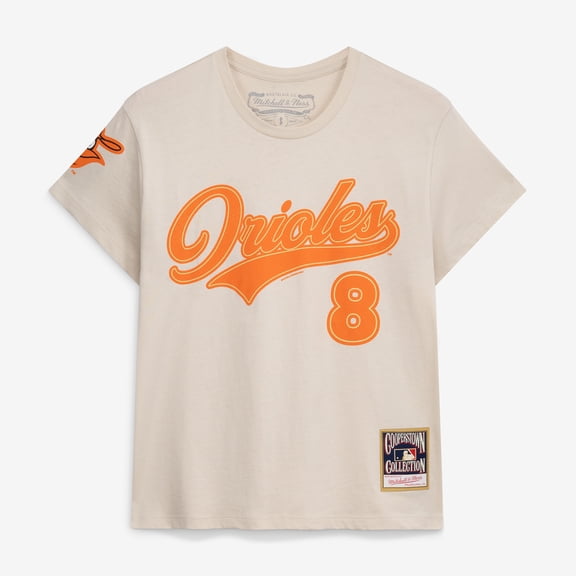 Women's Mitchell & Ness Cal Ripken Jr. Cream Baltimore Orioles Cooperstown Name & Number Throwback T-Shirt
