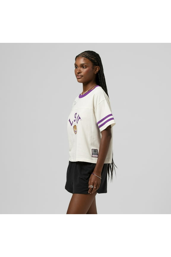 Women's Mitchell & Ness Cream LSU Tigers Cropped Ringer T-Shirt