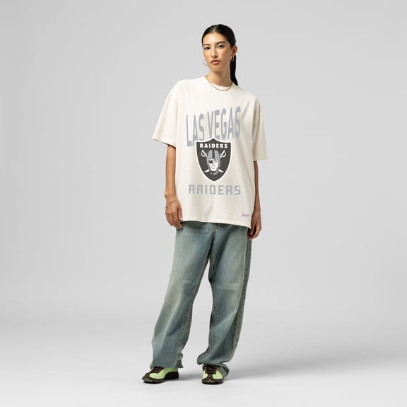 Women's Mitchell & Ness  Cream Las Vegas Raiders Logo Rise Boyfriend T-Shirt