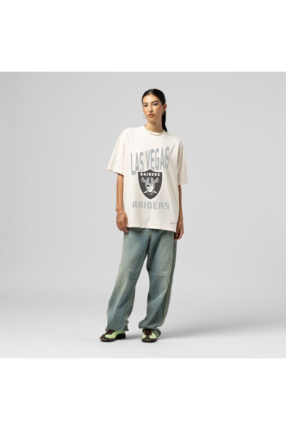 Women's Mitchell & Ness Cream Las Vegas Raiders Logo Rise Boyfriend T-Shirt